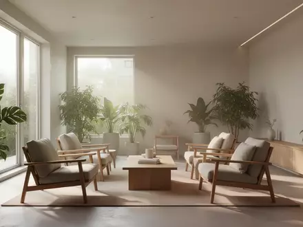 Ein heller, minimalistisch gestalteter Aufenthaltsbereich mit modernen Holzmöbeln und Pflanzen, der eine Atmosphäre der Ruhe und Ausgeglichenheit vermittelt. - Foto: über boerse-global.de