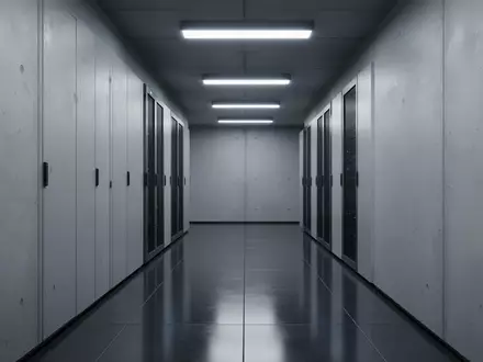 Ein minimalistischer, ruhiger Serverraum mit grauen Betonwänden und poliertem Boden in kühler Beleuchtung. - Foto: über boerse-global.de