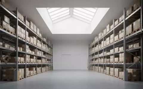 Ein minimalistisches, modernes Lagerhaus mit ordentlich gestapelten Versandkartons in hohen Regalen bei natürlichem Licht. - Foto: über boerse-global.de
