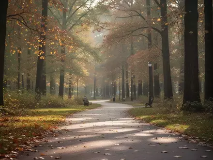 Ein ruhiger, sonnendurchfluteter Parkweg in einem herbstlichen Wald, der für Ausgeglichenheit und körperliche Gesundheit steht. - Foto: über boerse-global.de
