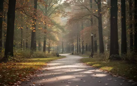 Ein ruhiger, sonnendurchfluteter Parkweg in einem herbstlichen Wald, der für Ausgeglichenheit und körperliche Gesundheit steht. - Foto: über boerse-global.de