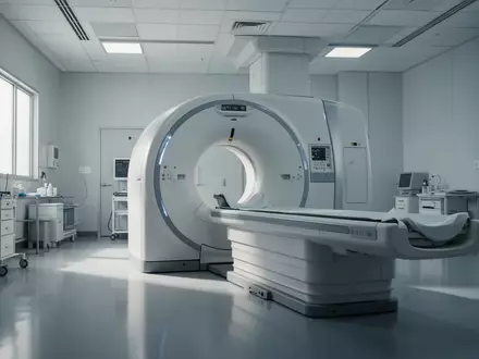 Ein klinischer Untersuchungsraum mit einem modernen Computertomographen in einer sterilen, hellen Laborumgebung. - Foto: über boerse-global.de