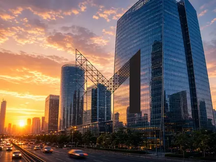 Abstrakte Darstellung einer modernen Skyline bei Sonnenaufgang als Symbol für wirtschaftliche Expansion. - Foto: über boerse-global.de