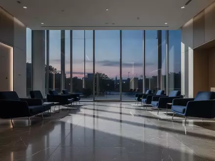 Leere, modern gestaltete Banklobby mit poliertem Boden und schummriger Beleuchtung durch große Fensterfronten. - Foto: über boerse-global.de