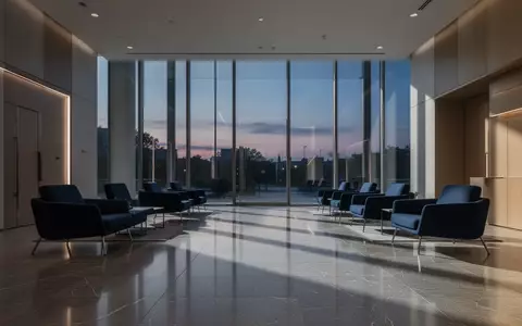 Leere, modern gestaltete Banklobby mit poliertem Boden und schummriger Beleuchtung durch große Fensterfronten. - Foto: über boerse-global.de