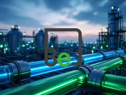 Abstrakte Darstellung von grüner Wasserstoffenergie mit leuchtenden Leitungen in einem modernen industriellen Umfeld. - Foto: über boerse-global.de