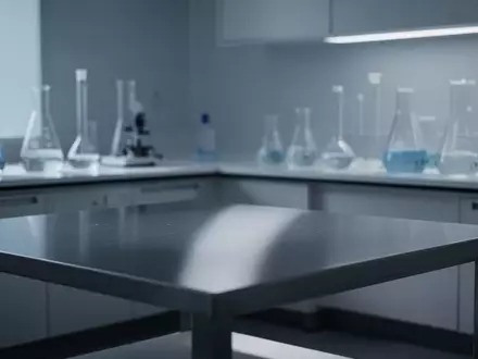 Ein minimalistisches, modernes medizinisches Forschungslabor mit leeren Edelstahltischen und wissenschaftlichen Glasgeräten. - Foto: über boerse-global.de