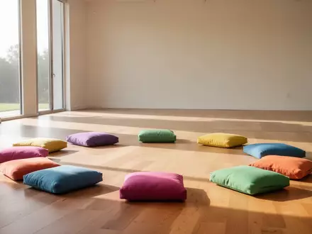 Ein heller, minimalistischer Raum mit bunten Sitzkissen auf einem Holzboden, der eine einladende Atmosphäre für Bewegung bietet. - Foto: über boerse-global.de