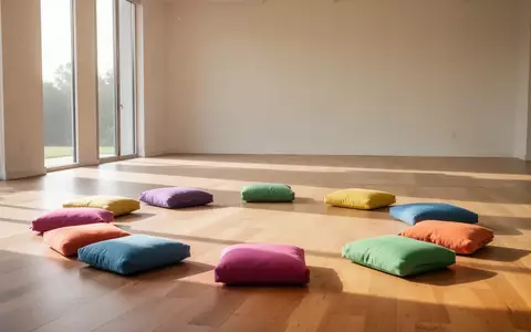 Ein heller, minimalistischer Raum mit bunten Sitzkissen auf einem Holzboden, der eine einladende Atmosphäre für Bewegung bietet. - Foto: über boerse-global.de