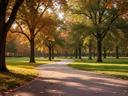 Ein sonniger Park mit einem gewundenen FuĂweg inmitten von BĂ€umen und GrĂŒnflĂ€chen. - Foto: ĂŒber boerse-global.de