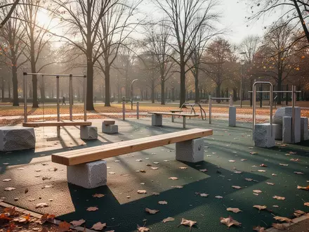 Leerer Fitnessparcours in einem öffentlichen Park im Herbst mit verschiedenen Trainingsgeräten aus Holz und Stein. - Foto: über boerse-global.de