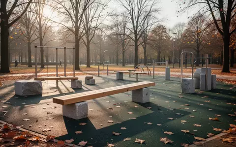 Leerer Fitnessparcours in einem öffentlichen Park im Herbst mit verschiedenen Trainingsgeräten aus Holz und Stein. - Foto: über boerse-global.de