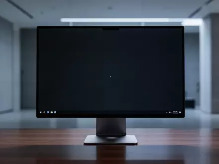 Ein minimalistischer Arbeitsplatz mit einem dunklen Monitor und einem aufgeräumten Schreibtisch in einer modernen Umgebung. - Foto: über boerse-global.de