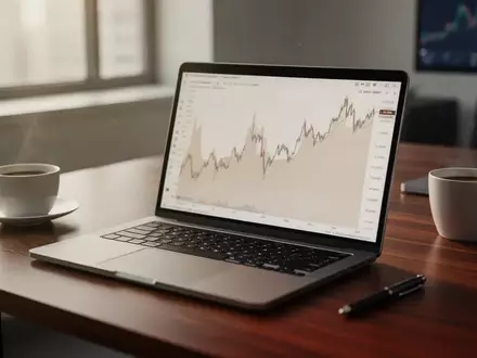 Ein moderner Schreibtisch mit einem Laptop, auf dem unscharfe Finanzdiagramme zu sehen sind, bei natürlichem Licht. - Foto: über boerse-global.de