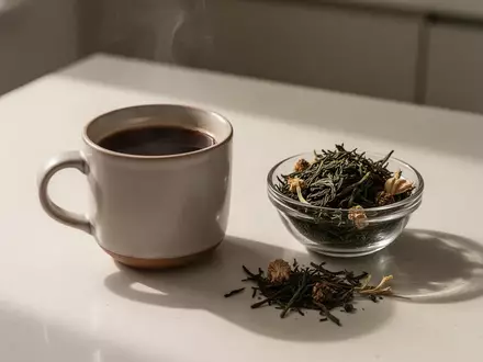 Eine Tasse schwarzer Kaffee und getrocknete Teeblätter auf einer schlichten Küchenoberfläche bei natürlichem Licht. - Foto: über boerse-global.de