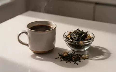 Eine Tasse schwarzer Kaffee und getrocknete Teeblätter auf einer schlichten Küchenoberfläche bei natürlichem Licht. - Foto: über boerse-global.de