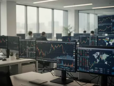 Moderne Büroetage mit unscharfen Finanzdaten und Börsenkurven auf Monitoren im Hintergrund. - Foto: über boerse-global.de