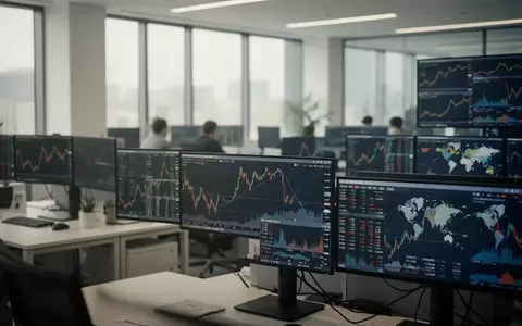 Moderne Büroetage mit unscharfen Finanzdaten und Börsenkurven auf Monitoren im Hintergrund. - Foto: über boerse-global.de