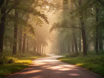 Ein sonnendurchfluteter Waldweg in einem ruhigen Park, der zu einem aktiven und gesunden Lebensstil einlädt. - Foto: über boerse-global.de