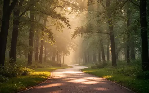 Ein sonnendurchfluteter Waldweg in einem ruhigen Park, der zu einem aktiven und gesunden Lebensstil einlĂ€dt. - Foto: ĂŒber boerse-global.de