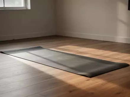 Ein minimalistischer, heller Sportraum mit einer ausgerollten Yogamatte auf einem Holzboden in natürlichem Licht. - Foto: über boerse-global.de