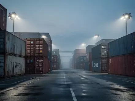 Ein weitläufiger Industrie-Containerhafen in der Dämmerung mit gestapelten Stahlcontainern unter kühler Beleuchtung. - Foto: über boerse-global.de
