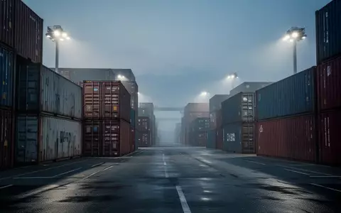 Ein weitläufiger Industrie-Containerhafen in der Dämmerung mit gestapelten Stahlcontainern unter kühler Beleuchtung. - Foto: über boerse-global.de