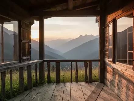 Eine hölzerne Veranda mit Blick auf ein einsames, friedliches Bergtal bei Sonnenuntergang als Symbol für entschleunigtes Reisen. - Foto: über boerse-global.de