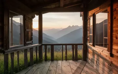 Eine hölzerne Veranda mit Blick auf ein einsames, friedliches Bergtal bei Sonnenuntergang als Symbol für entschleunigtes Reisen. - Foto: über boerse-global.de