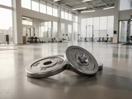 Leere Gewichtsscheiben aus Metall auf einem glatten Betonboden in einem hellen, modernen Sportraum. - Foto: über boerse-global.de
