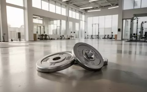 Leere Gewichtsscheiben aus Metall auf einem glatten Betonboden in einem hellen, modernen Sportraum. - Foto: ĂŒber boerse-global.de