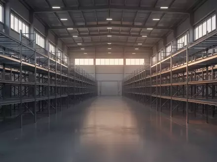 Ein weitläufiges, modernes Logistiklager mit leeren Metallregalen in einer sauberen Industriehalle bei natürlichem Licht. - Foto: über boerse-global.de