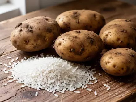 Rohe Kartoffeln und eine Handvoll weißer Reis auf einer rustikalen Holzoberfläche. - Foto: über boerse-global.de