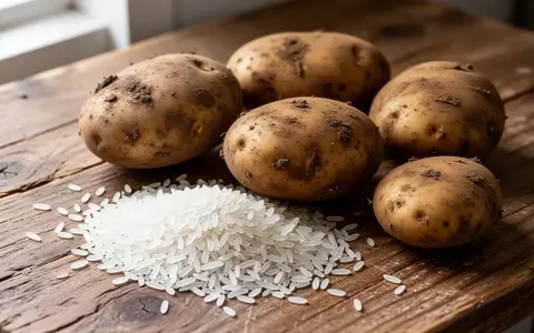 Rohe Kartoffeln und eine Handvoll weißer Reis auf einer rustikalen Holzoberfläche. - Foto: über boerse-global.de