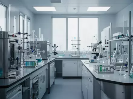 Ein steriler, moderner pharmazeutischer Forschungslaborraum mit Edelstahlausstattung und Glasgefäßen bei natürlichem Licht. - Foto: über boerse-global.de
