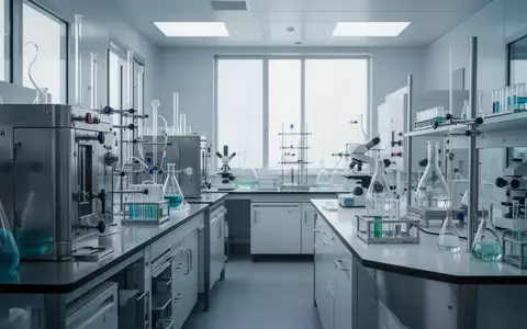 Ein steriler, moderner pharmazeutischer Forschungslaborraum mit Edelstahlausstattung und Glasgefäßen bei natürlichem Licht. - Foto: über boerse-global.de