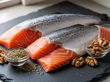 Frische Lachsfilets neben Leinsamen und Walnüssen auf einer dunklen Schieferplatte als Symbol für Omega-3-reiche Ernährung. - Foto: über boerse-global.de