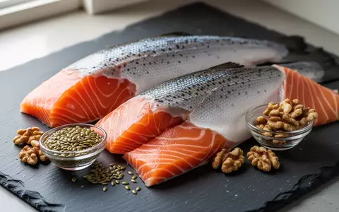 Frische Lachsfilets neben Leinsamen und Walnüssen auf einer dunklen Schieferplatte als Symbol für Omega-3-reiche Ernährung. - Foto: über boerse-global.de