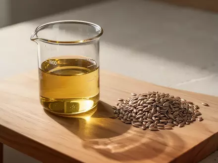 Ein Glasbecher mit goldenem Öl und Leinsamen auf einem hölzernen Labortisch in einer ruhigen, neutralen Umgebung. - Foto: über boerse-global.de