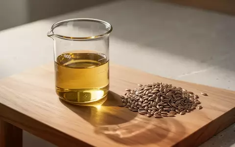 Ein Glasbecher mit goldenem Öl und Leinsamen auf einem hölzernen Labortisch in einer ruhigen, neutralen Umgebung. - Foto: über boerse-global.de