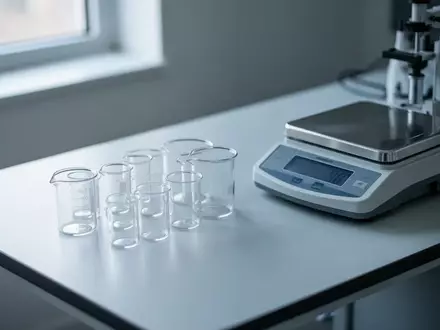 Leerer Labortisch mit Glasbechern und Waage in einer hellen, klinischen Umgebung. - Foto: über boerse-global.de