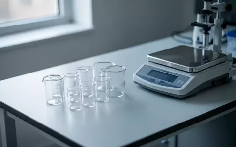 Leerer Labortisch mit Glasbechern und Waage in einer hellen, klinischen Umgebung. - Foto: über boerse-global.de