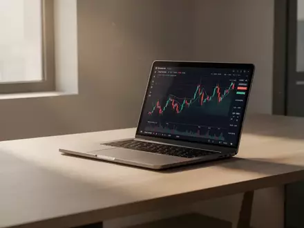 Ein minimalistischer, moderner Arbeitsplatz mit einem Laptop auf einem Holztisch bei natürlichem Morgenlicht. - Foto: über boerse-global.de