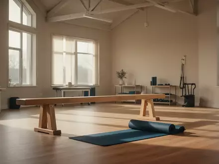 Ein heller, minimalistischer Physio-Trainingsraum mit Holzboden und einer zusammengerollten Yogamatte in einer ruhigen, natürlichen Lichtstimmung. - Foto: über boerse-global.de