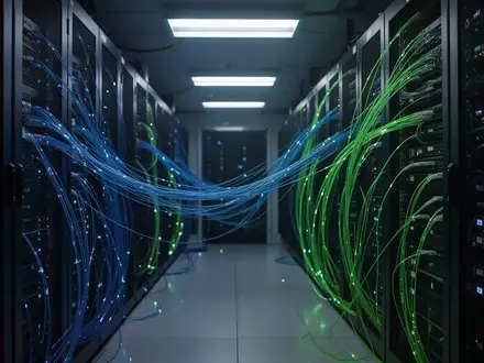 Modernes Serverzentrum mit leuchtenden Glasfaserkabeln und Server-Racks in einer professionellen Arbeitsumgebung. - Foto: über boerse-global.de
