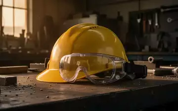 Symbolbild: Schutzhelm und Schutzbrille auf einer Werkbank - Foto: über boerse-global.de