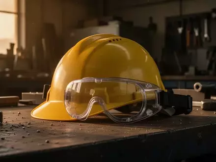Symbolbild: Schutzhelm und Schutzbrille auf einer Werkbank - Foto: über boerse-global.de