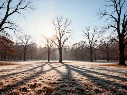 Ein herbstlicher Park mit tiefstehender Sonne und langen Schatten auf gefrorenem Gras bei kahlen Bäumen. - Foto: über boerse-global.de