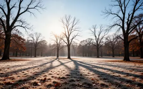 Ein herbstlicher Park mit tiefstehender Sonne und langen Schatten auf gefrorenem Gras bei kahlen Bäumen. - Foto: über boerse-global.de