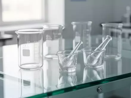 Leere Glasgefäße und ein Mörser auf einem sauberen, hellen Labortisch in einer sterilen Umgebung. - Foto: über boerse-global.de
